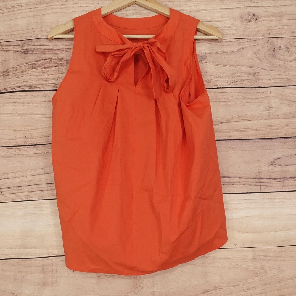 Cremieux Blouse Womens M Orange Sleeveless Bow Keyhole Neck Pleated Woven Top